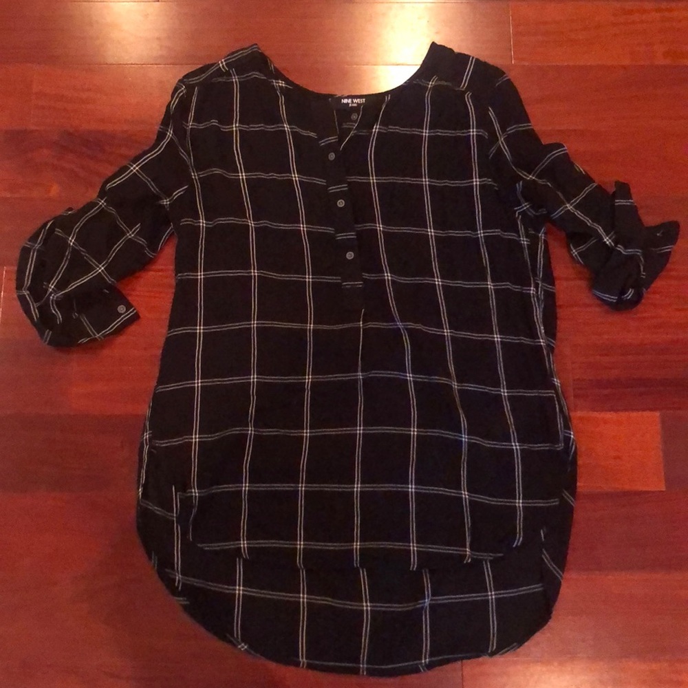 Nine West Top Partial Button Down Plaid Shirt - image 1